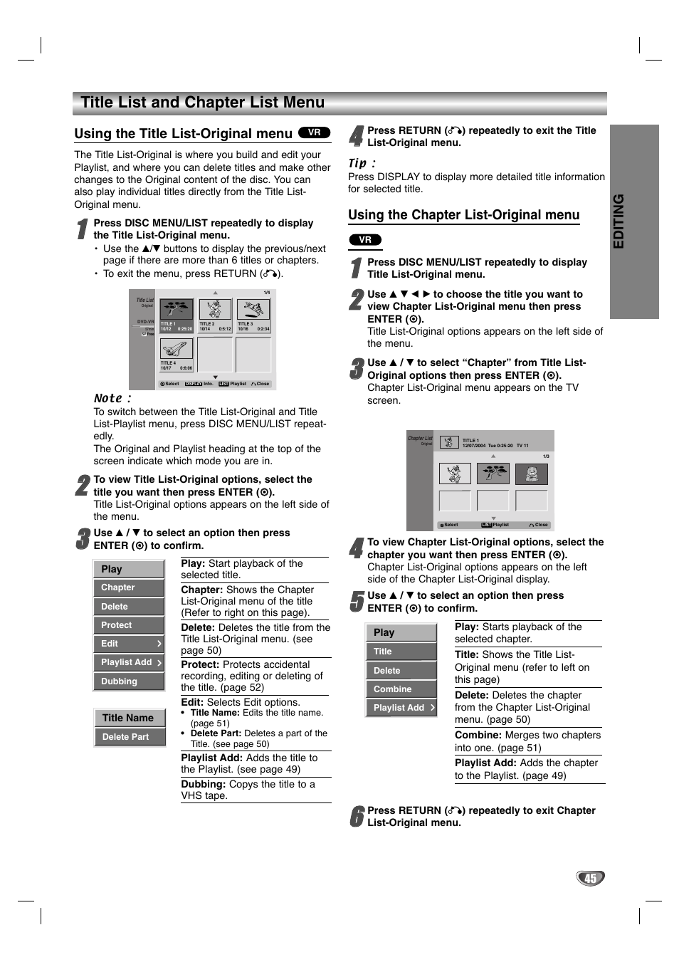 Title list and chapter list menu | Zenith XBR411 User Manual | Page 45 / 59