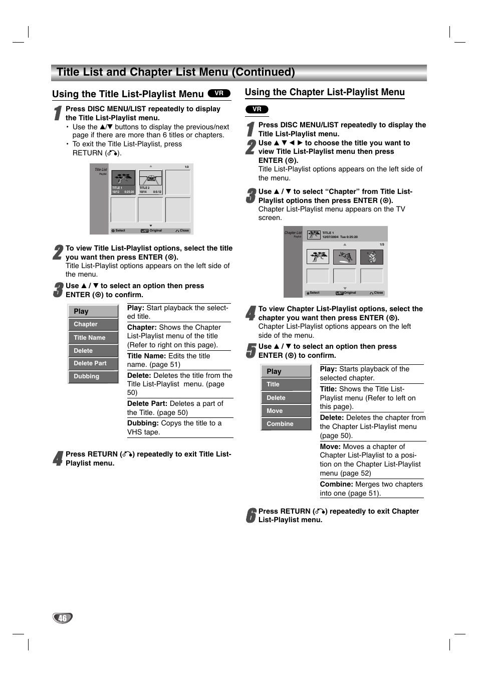 Title list and chapter list menu (continued) | Zenith XBR411 User Manual | Page 46 / 59