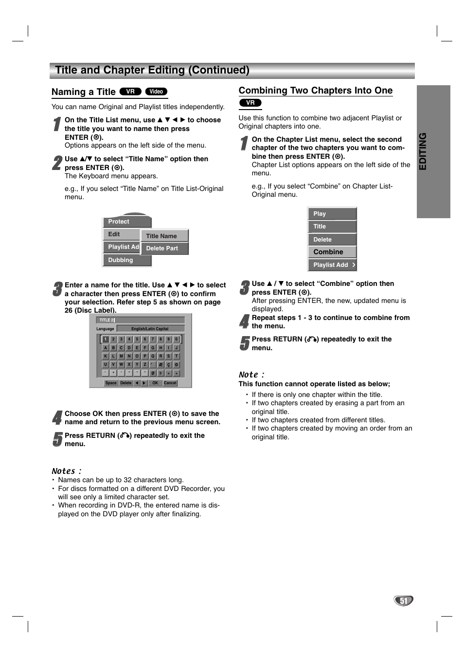 Title and chapter editing (continued), Editing, Naming a title | Combining two chapters into one | Zenith XBR411 User Manual | Page 51 / 59