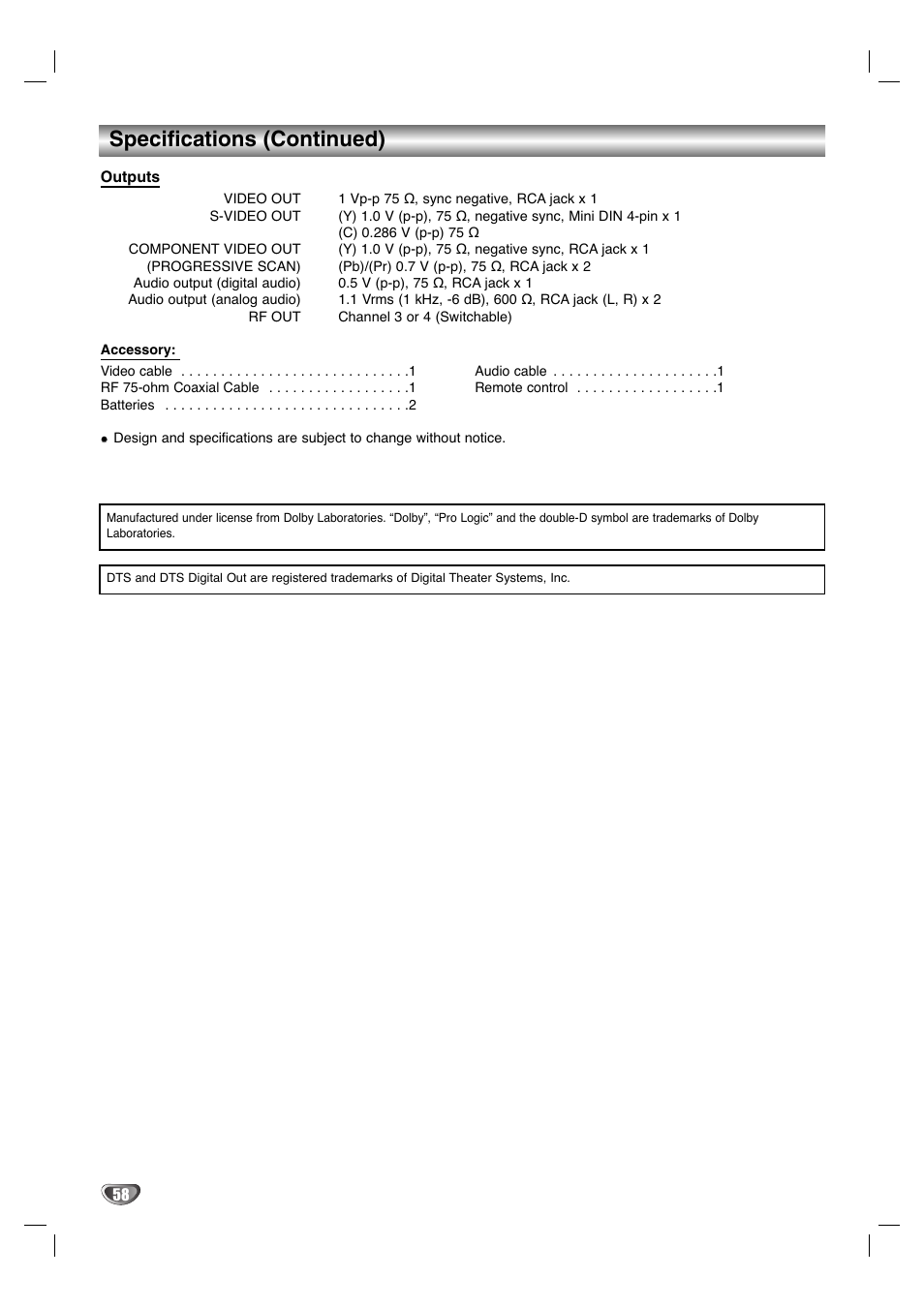 Specifications (continued) | Zenith XBR411 User Manual | Page 58 / 59