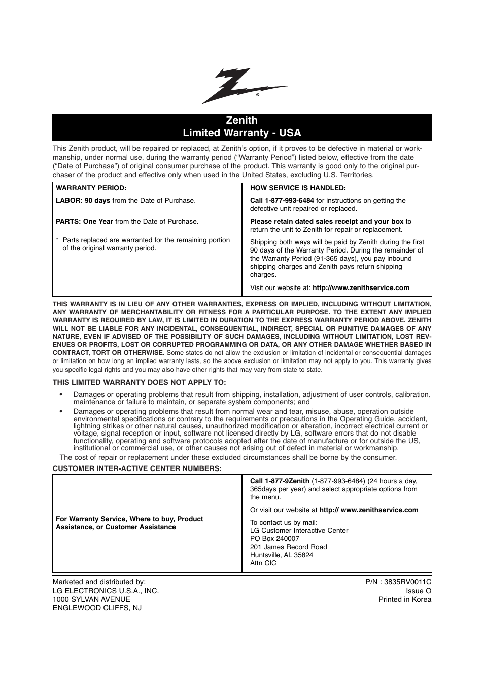 Zenith limited warranty - usa | Zenith XBR411 User Manual | Page 59 / 59