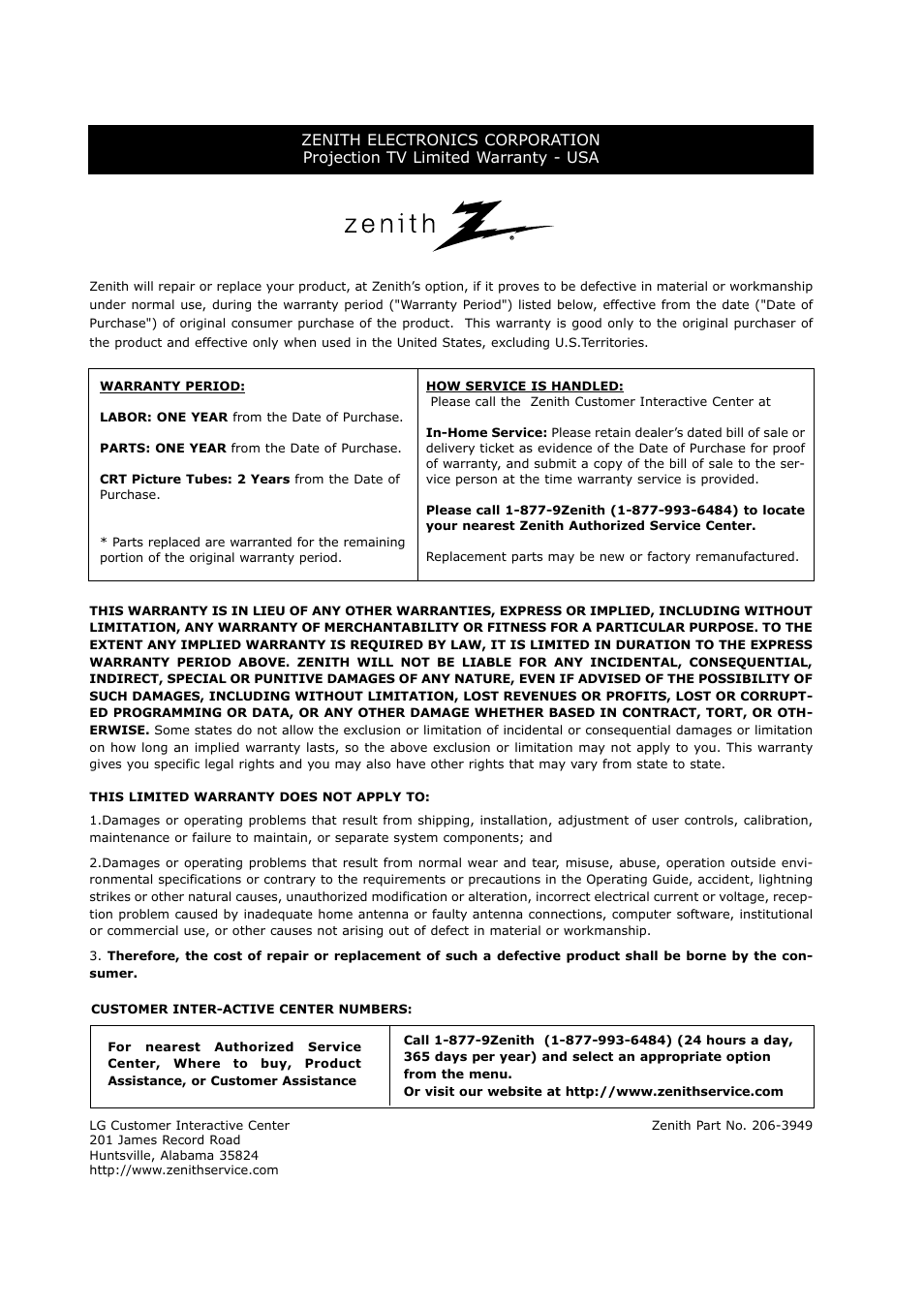 Zenith R50W47 User Manual | Page 36 / 36