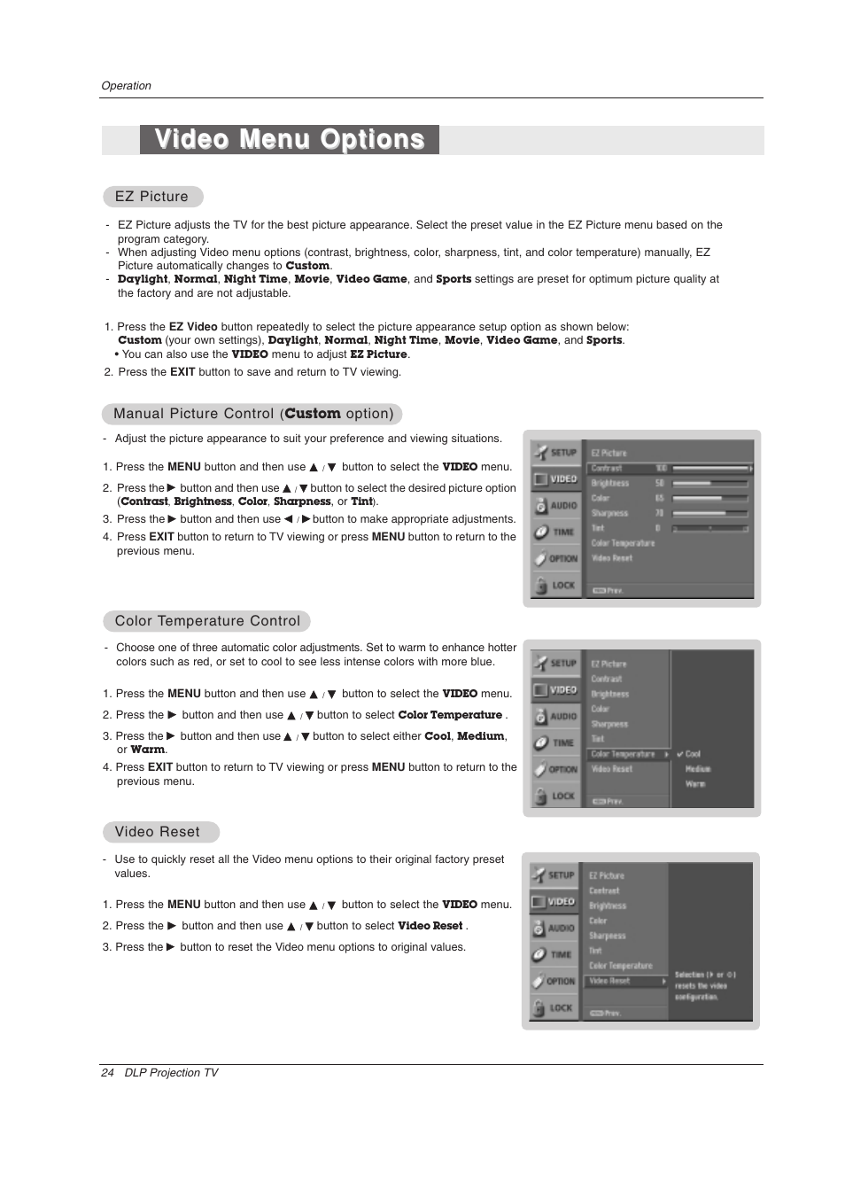 Video menu options ideo menu options, Ez picture, Option) | Video reset ideo reset, Color, Color t t emperature control emperature control | Zenith Z52SZ80 User Manual | Page 24 / 48