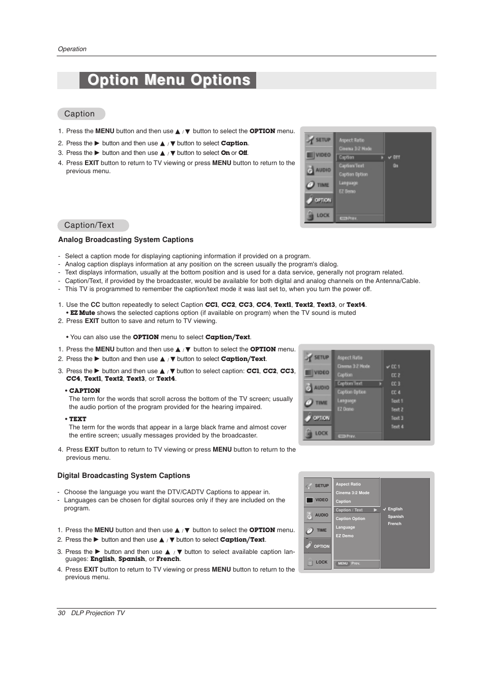 Option menu options, Caption, Caption/t | Caption/t ext ext | Zenith Z52SZ80 User Manual | Page 30 / 48