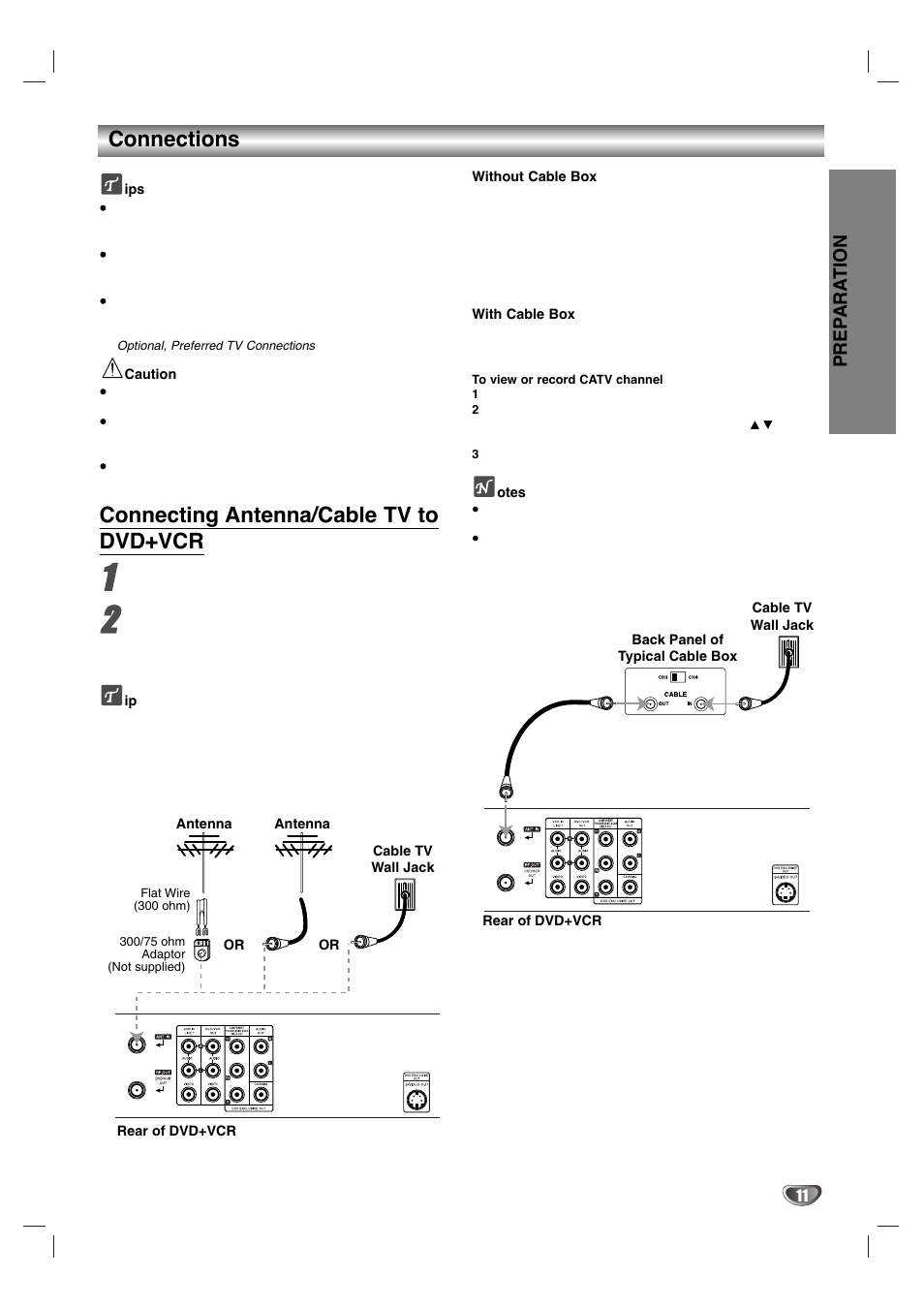 Connections, Connecting antenna/cable tv to dvd+vcr, Prep ara tion | Zenith XBV 443 User Manual | Page 11 / 40