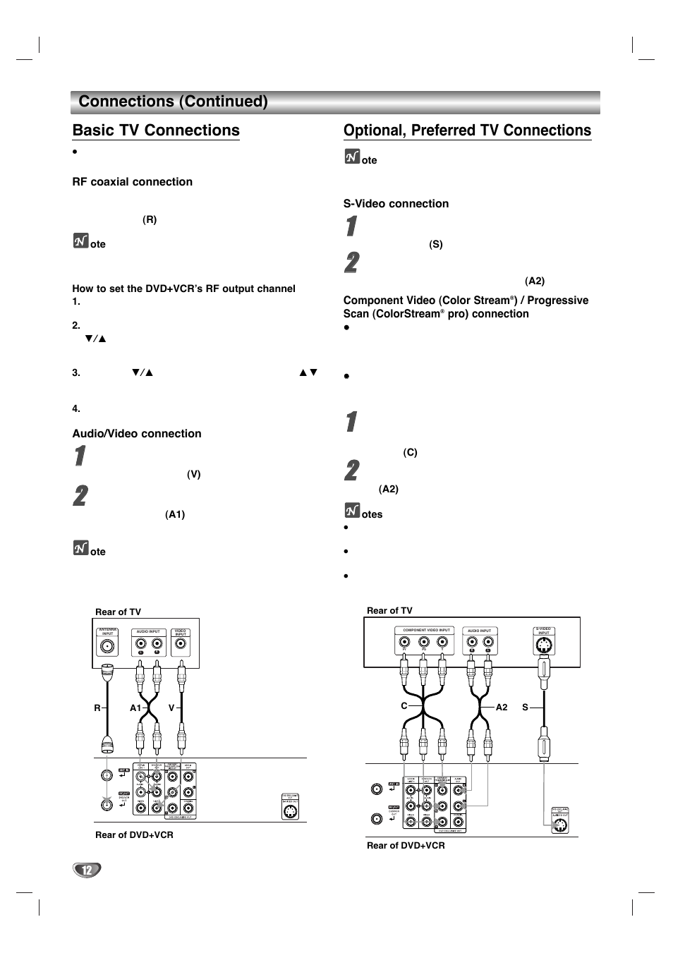 Connections (continued) basic tv connections, Optional, preferred tv connections | Zenith XBV 443 User Manual | Page 12 / 40