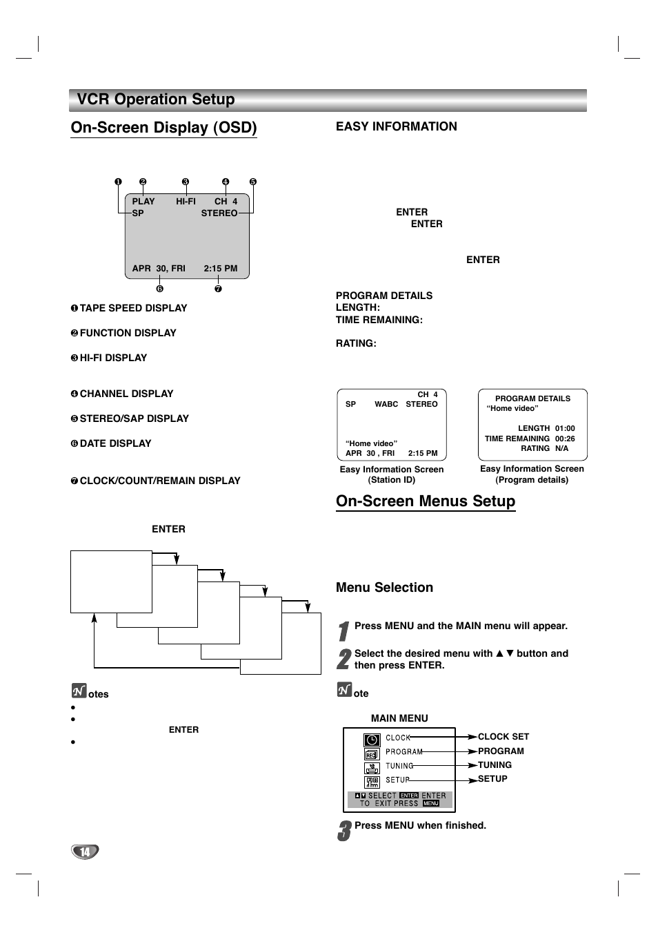Vcr operation setup on-screen display (osd), On-screen menus setup, Menu selection | Easy information | Zenith XBV 443 User Manual | Page 14 / 40
