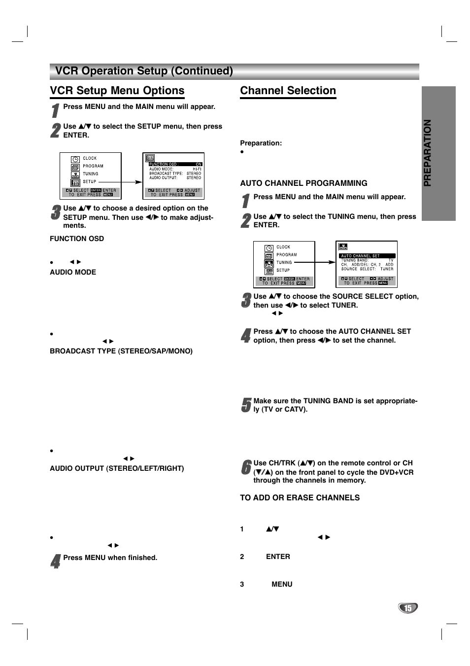 Vcr setup menu options, Channel selection, Vcr operation setup (continued) | Zenith XBV 443 User Manual | Page 15 / 40