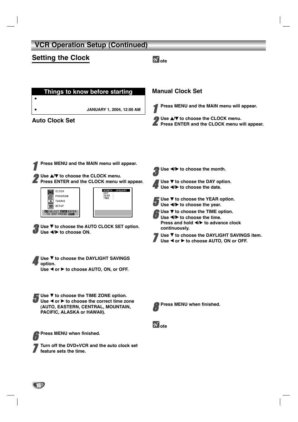 Vcr operation setup (continued) setting the clock | Zenith XBV 443 User Manual | Page 16 / 40