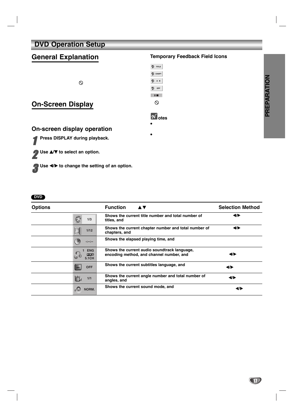 Dvd operation setup general explanation, On-screen display, Prep ara tion | On-screen display operation | Zenith XBV 443 User Manual | Page 17 / 40