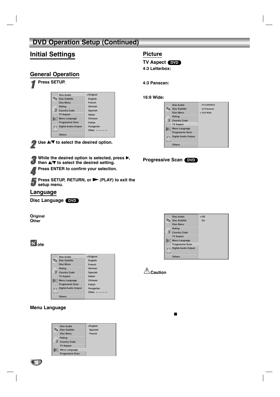 Dvd operation setup (continued) initial settings, General operation, Language | Picture, Disc language, Menu language, Tv aspect, Progressive scan | Zenith XBV 443 User Manual | Page 18 / 40