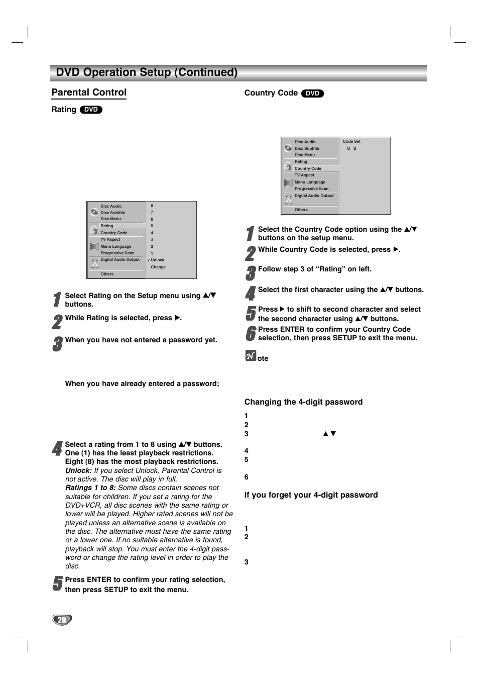 Dvd operation setup (continued), Parental control | Zenith XBV 443 User Manual | Page 20 / 40