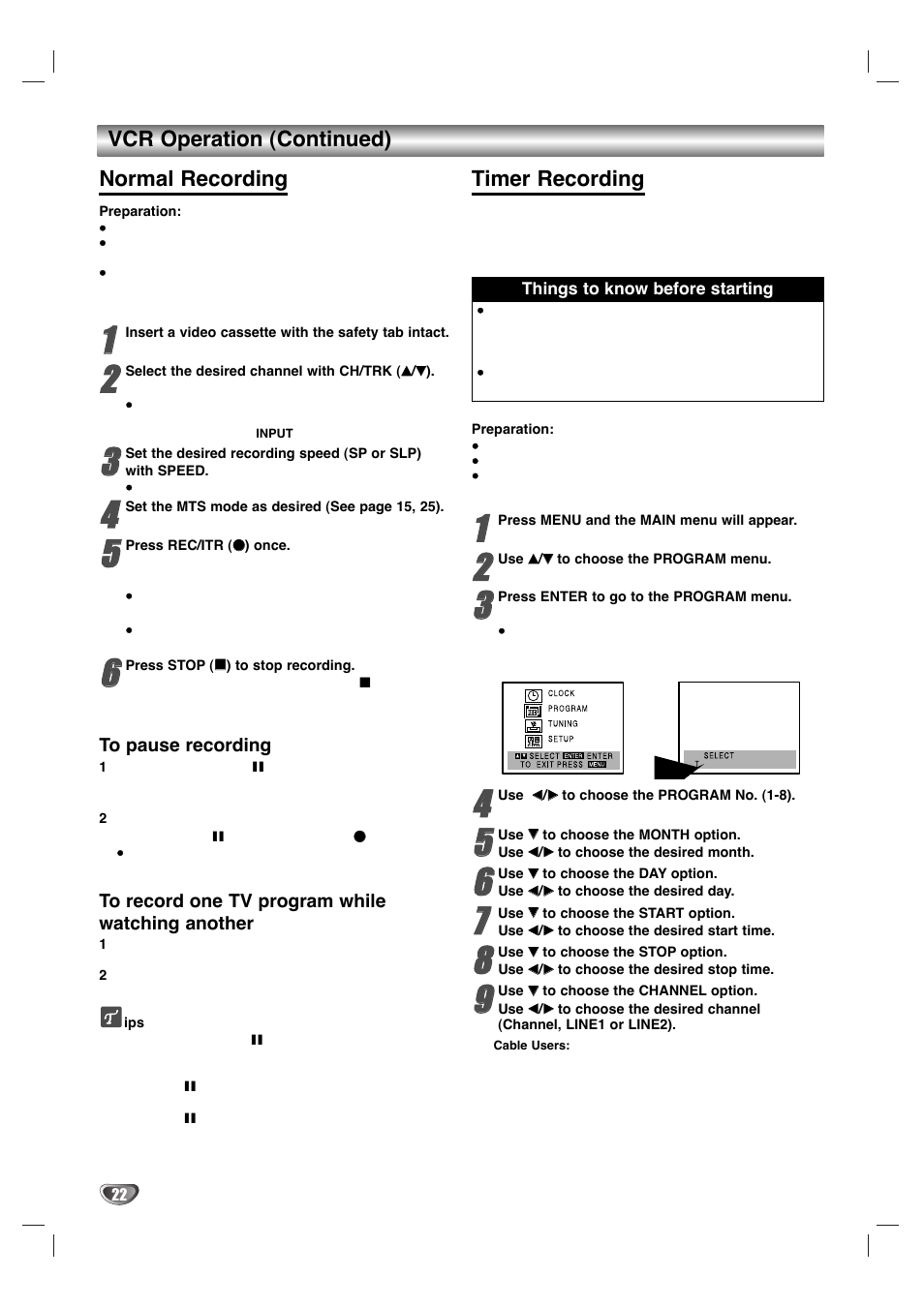 Vcr operation (continued) normal recording, Timer recording | Zenith XBV 443 User Manual | Page 22 / 40