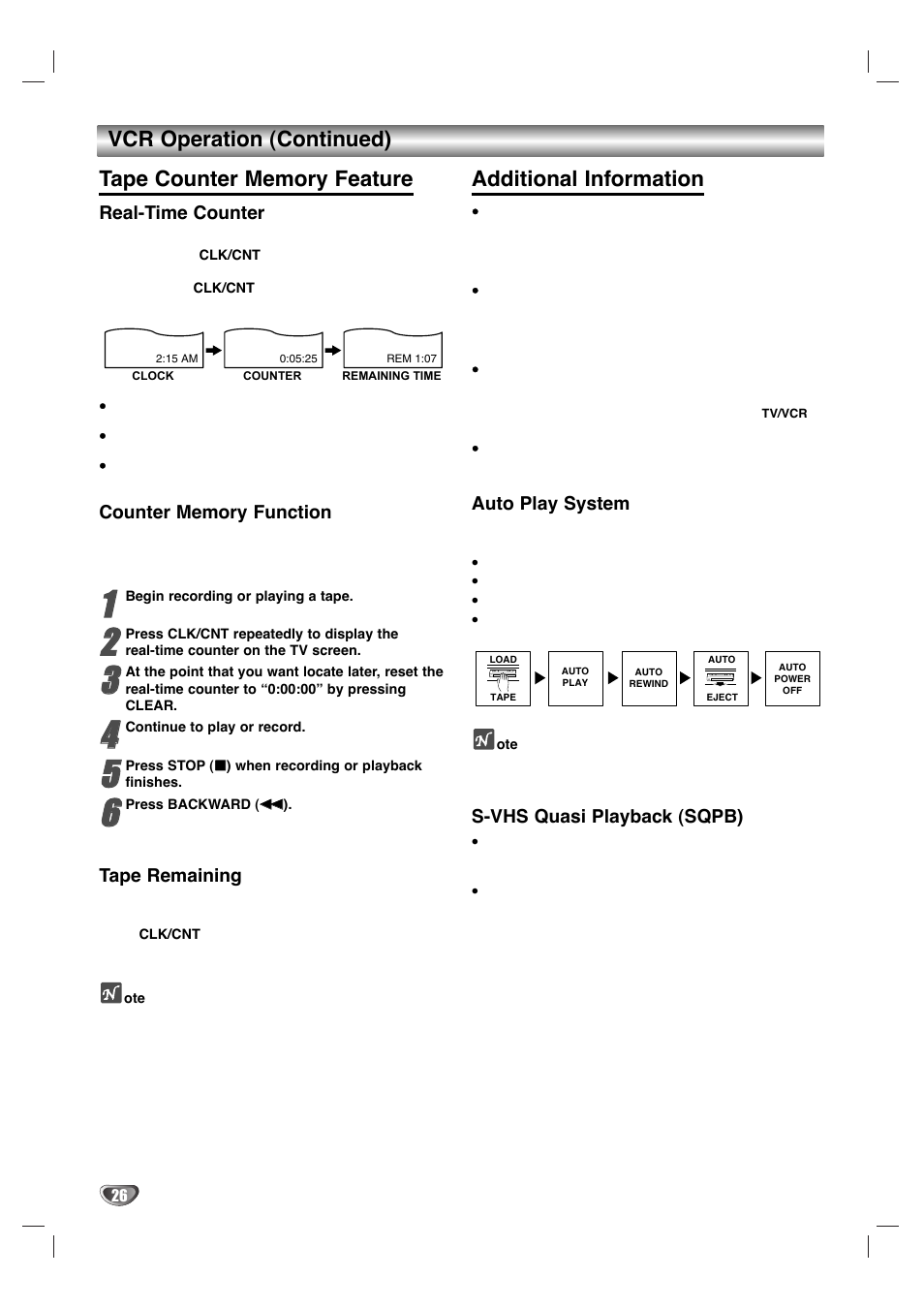 Additional information, Real-time counter, Tape remaining | Auto play system, S-vhs quasi playback (sqpb) | Zenith XBV 443 User Manual | Page 26 / 40