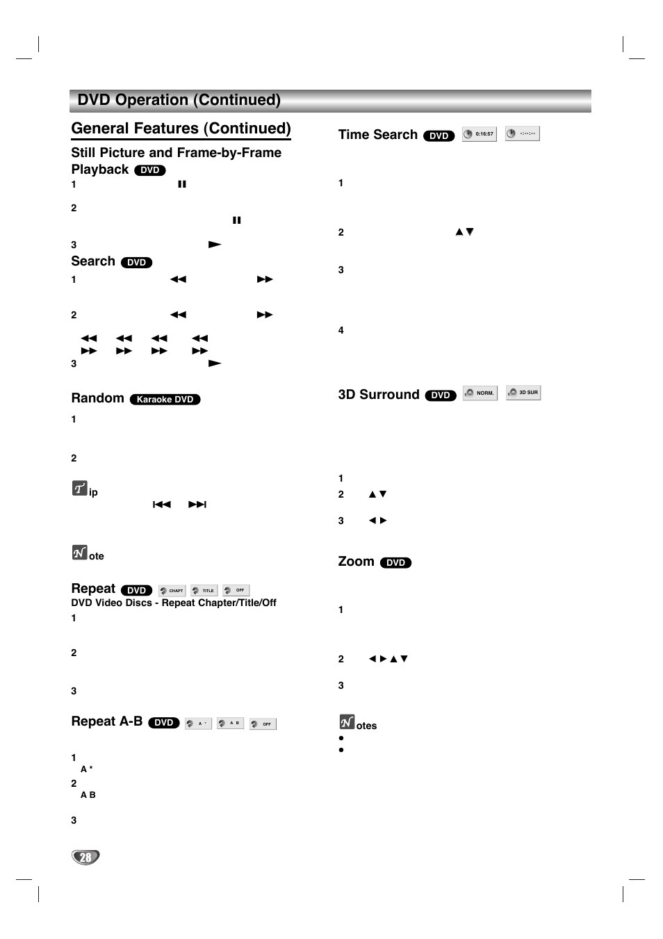 Still picture and frame-by-frame playback, Search, Random | Repeat, Repeat a-b, Time search, 3d surround, Zoom | Zenith XBV 443 User Manual | Page 28 / 40