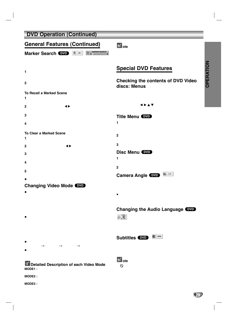 Special dvd features, Opera tion, Marker search | Changing video mode, Checking the contents of dvd video discs: menus, Title menu, Disc menu, Camera angle, Changing the audio language, Subtitles | Zenith XBV 443 User Manual | Page 29 / 40