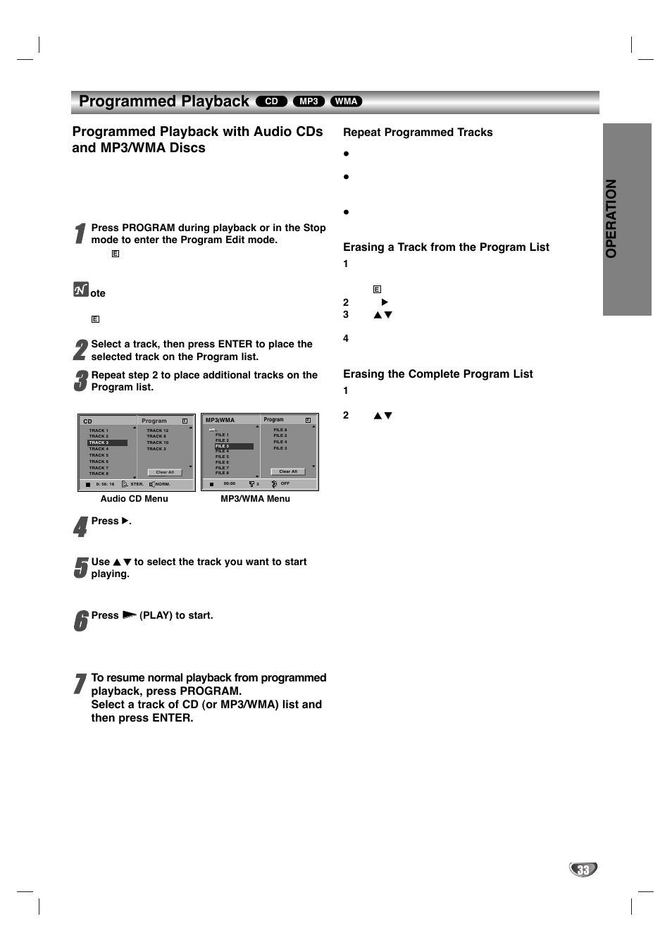 Programmed playback, Opera tion, Repeat programmed tracks | Erasing a track from the program list, Erasing the complete program list | Zenith XBV 443 User Manual | Page 33 / 40