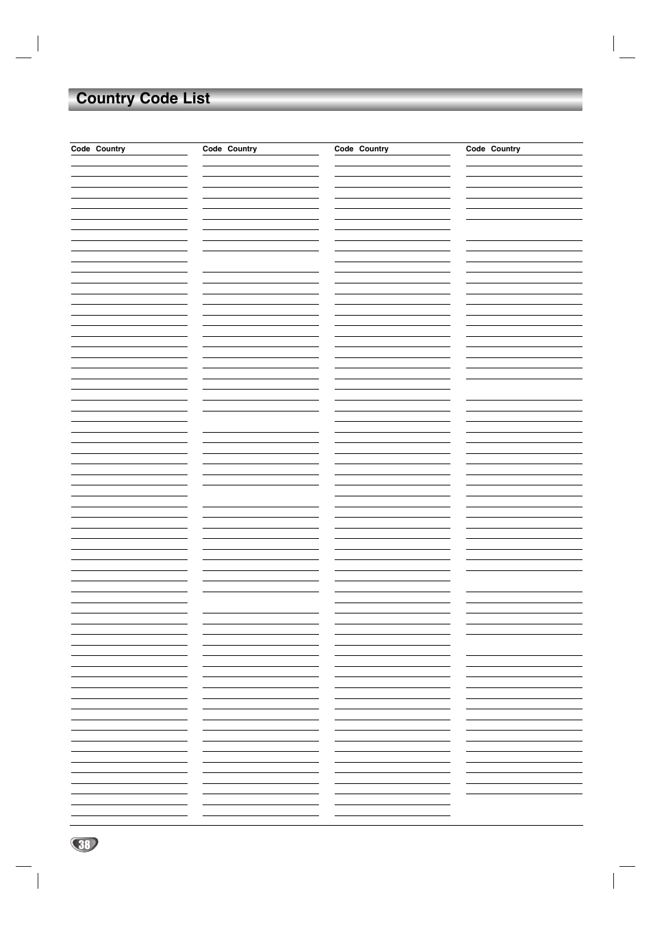 Country code list | Zenith XBV 443 User Manual | Page 38 / 40