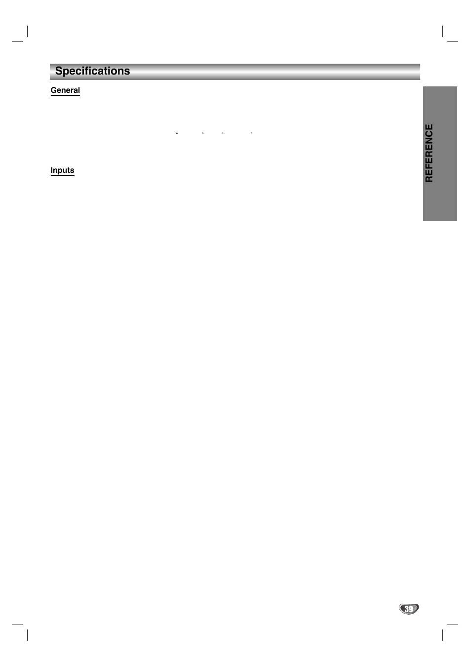Specifications, Reference | Zenith XBV 443 User Manual | Page 39 / 40
