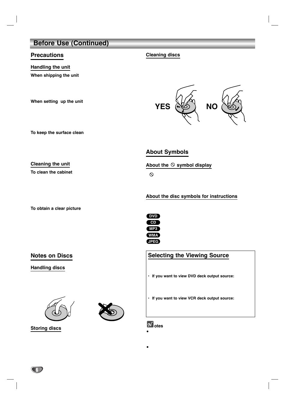 Yes no, Before use (continued), Precautions | About symbols, Selecting the viewing source | Zenith XBV 443 User Manual | Page 6 / 40