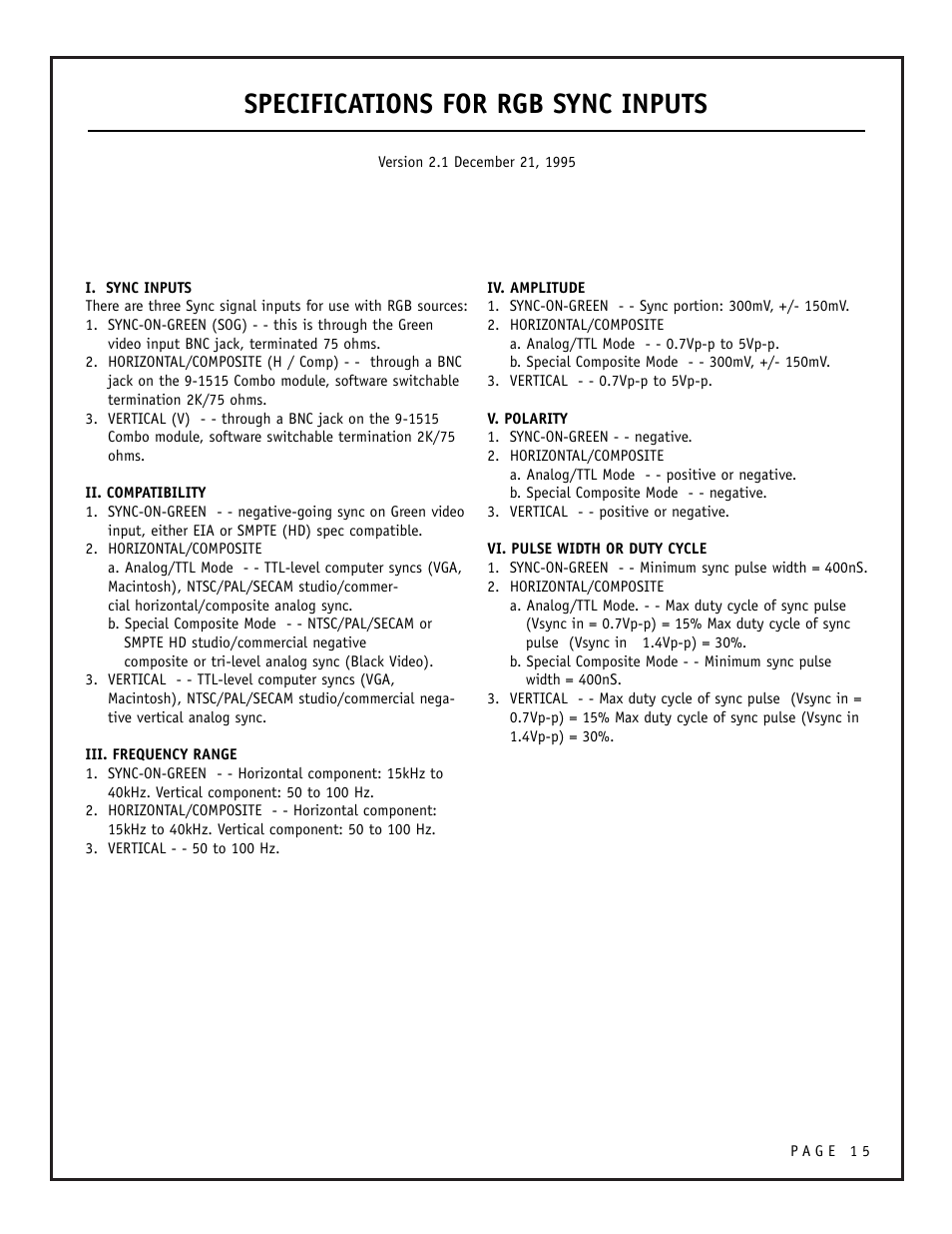 Specifications for rgb sync inputs | Zenith PRO895X User Manual | Page 15 / 28