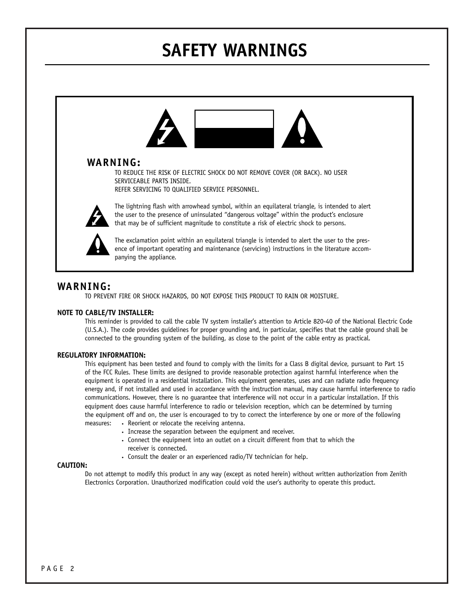 Safety warnings, Warning | Zenith PRO895X User Manual | Page 2 / 28