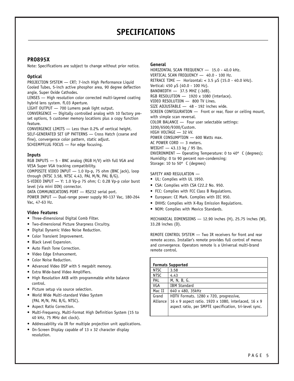 Specifications, Pro895x | Zenith PRO895X User Manual | Page 5 / 28