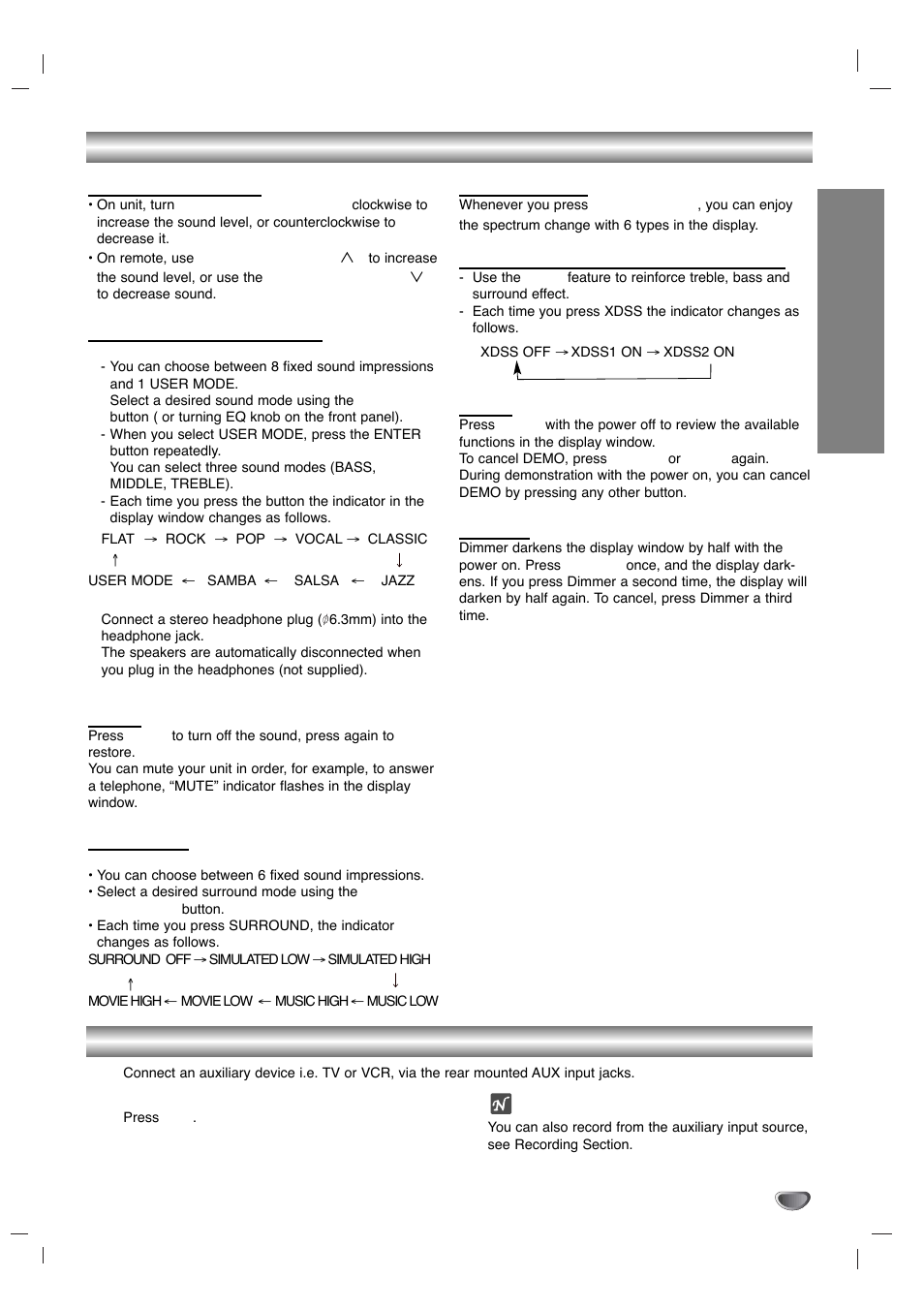 Audio adjustment, Auxiliary (external equipment) input, Before opera tion | Volume adjustment, Sound quality adjustment, Mute, Surround, Display mode, Xdss (extreme dynamic sound system), Demo | Zenith LMG340 User Manual | Page 11 / 24