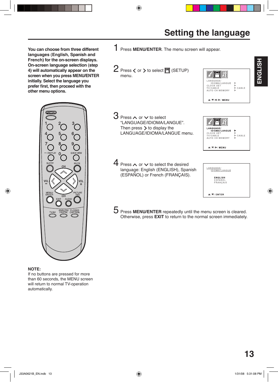 Setting the language | Zenith C27H26B User Manual | Page 13 / 34