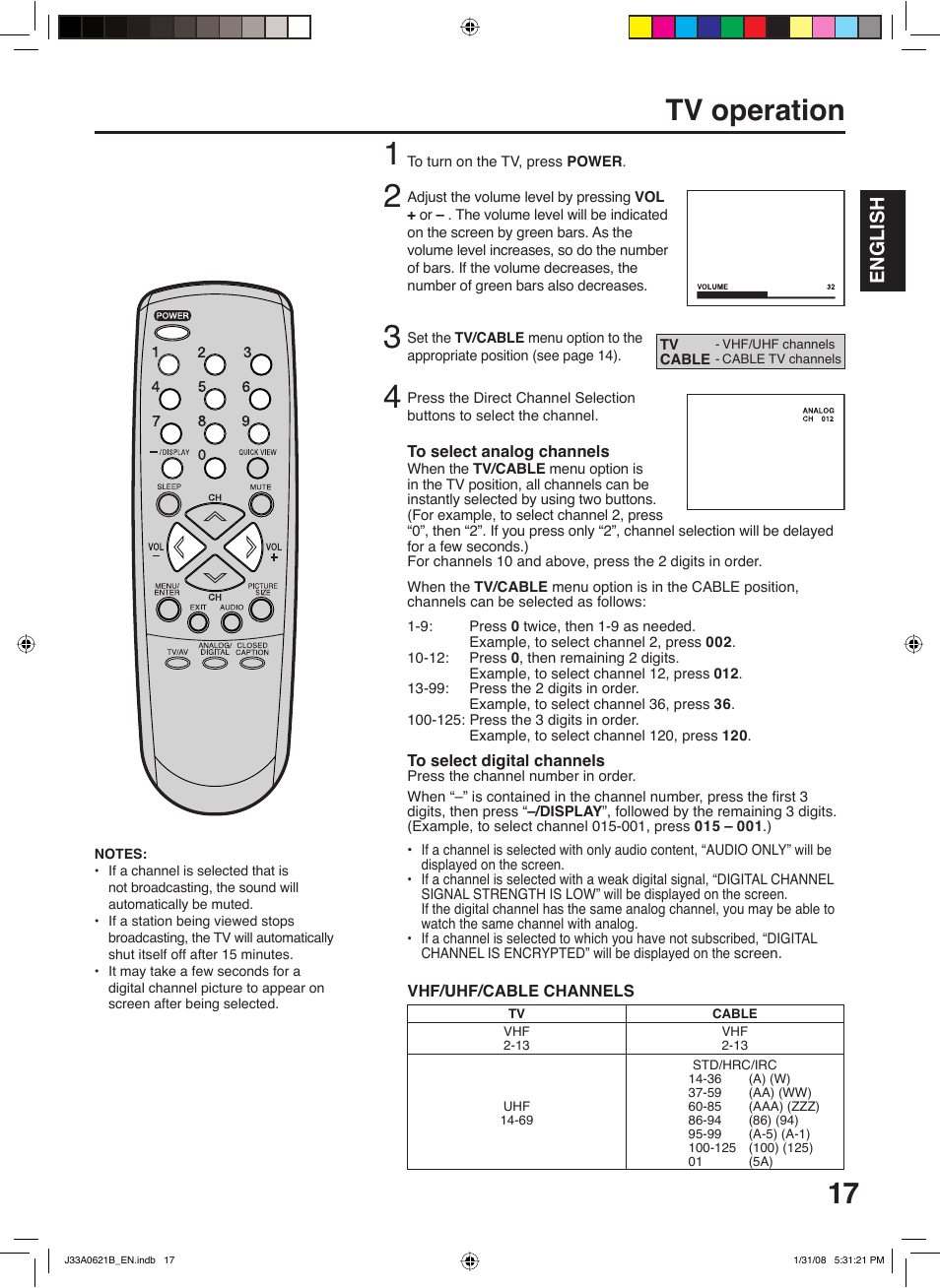 Tv operation, English | Zenith C27H26B User Manual | Page 17 / 34