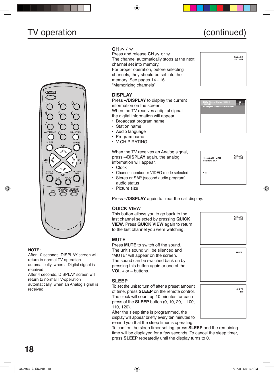 Tv operation (continued) | Zenith C27H26B User Manual | Page 18 / 34