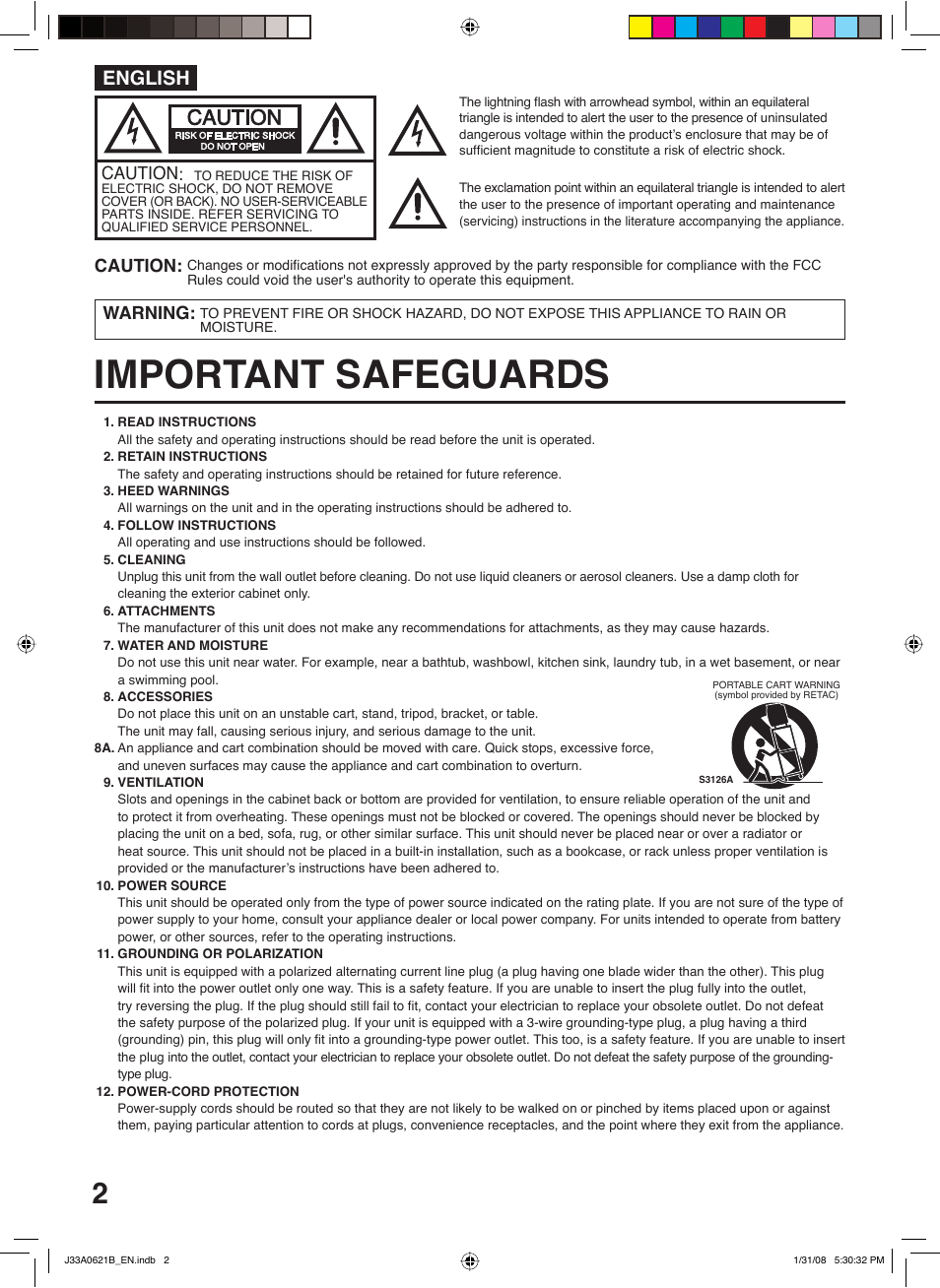 Important safeguards, English, Caution | Warning | Zenith C27H26B User Manual | Page 2 / 34