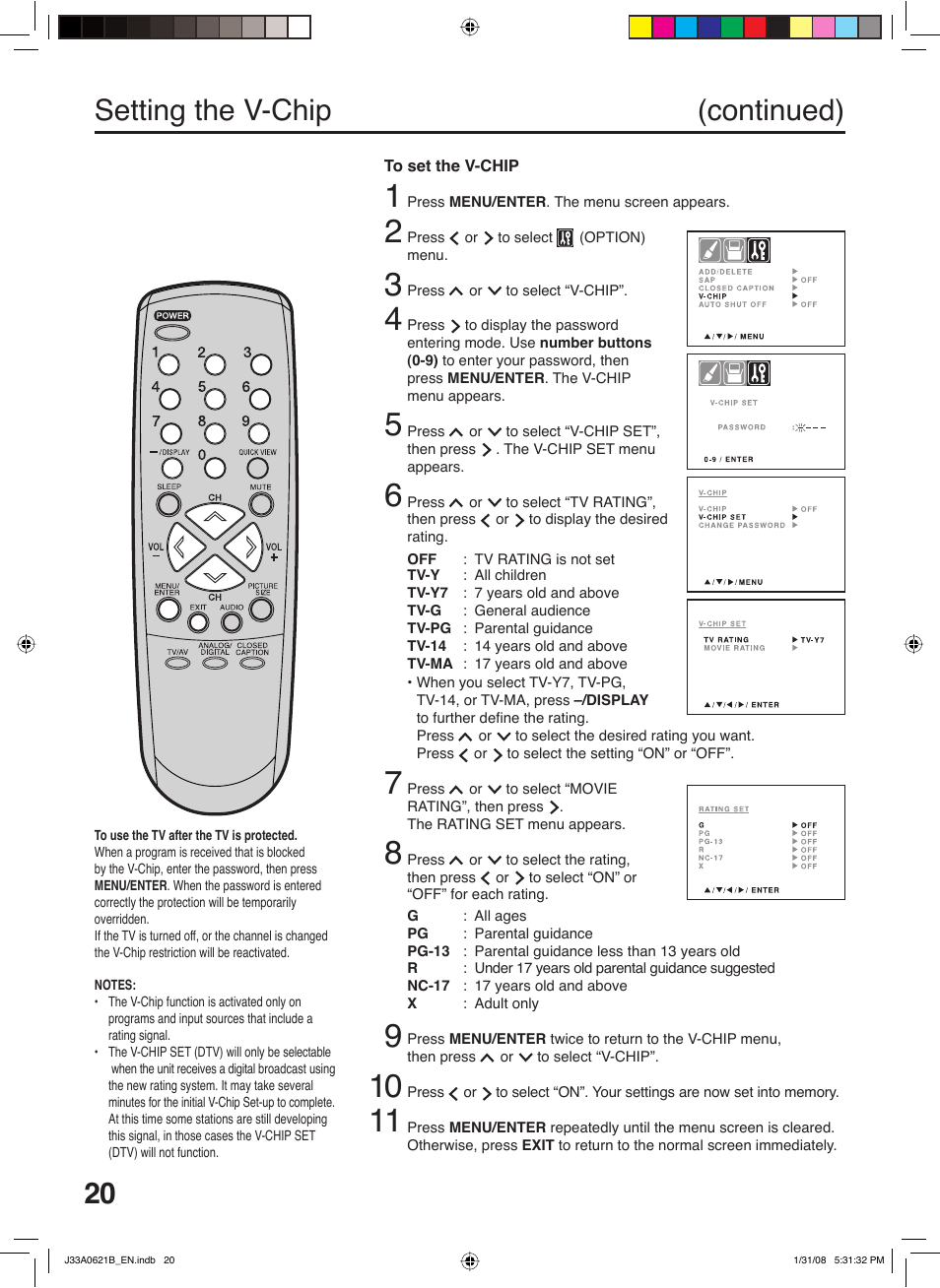 Setting the v-chip (continued) | Zenith C27H26B User Manual | Page 20 / 34