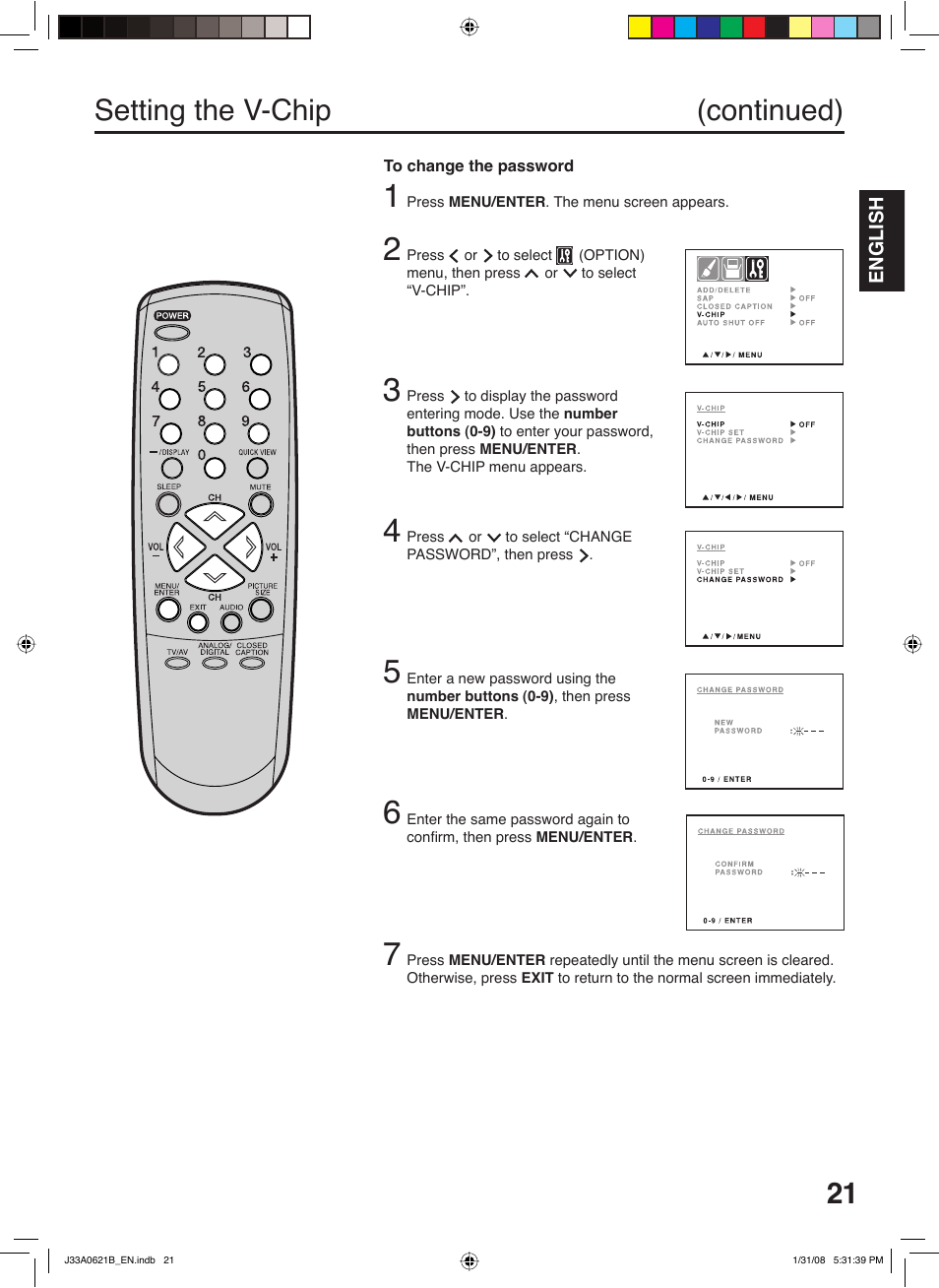 Setting the v-chip (continued) | Zenith C27H26B User Manual | Page 21 / 34