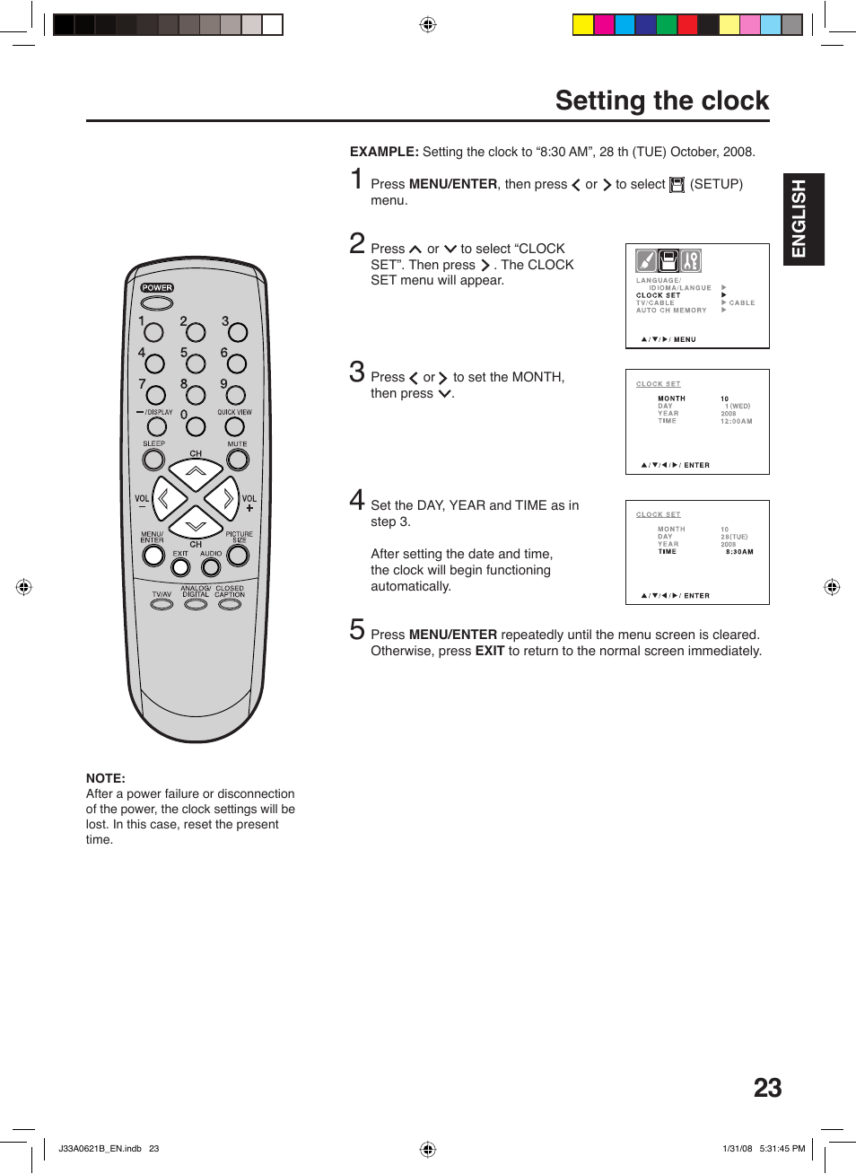 Setting the clock | Zenith C27H26B User Manual | Page 23 / 34