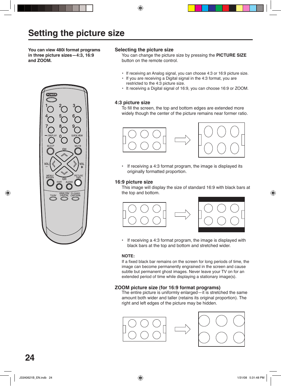 Setting the picture size | Zenith C27H26B User Manual | Page 24 / 34