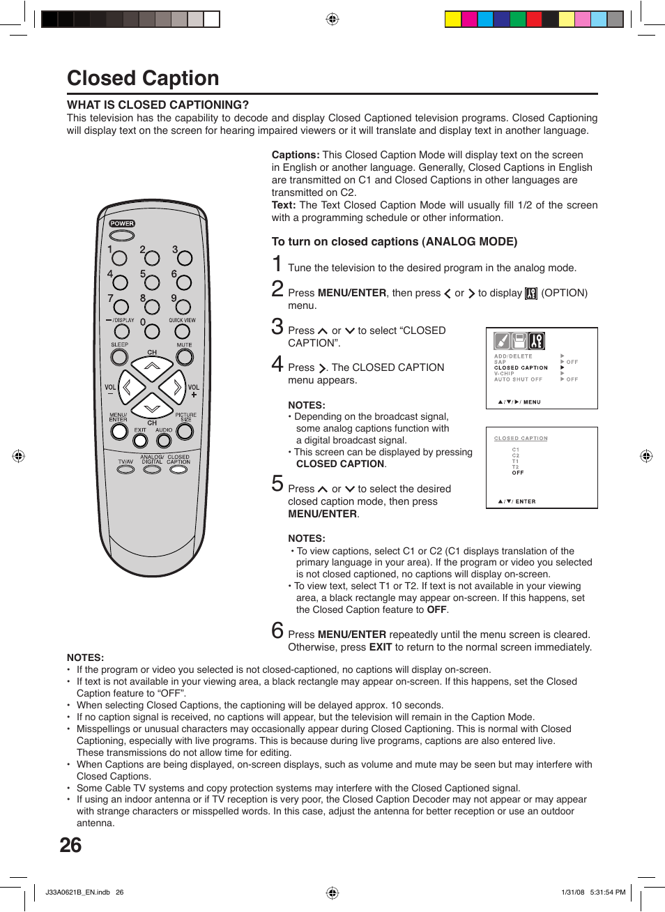 Closed caption | Zenith C27H26B User Manual | Page 26 / 34