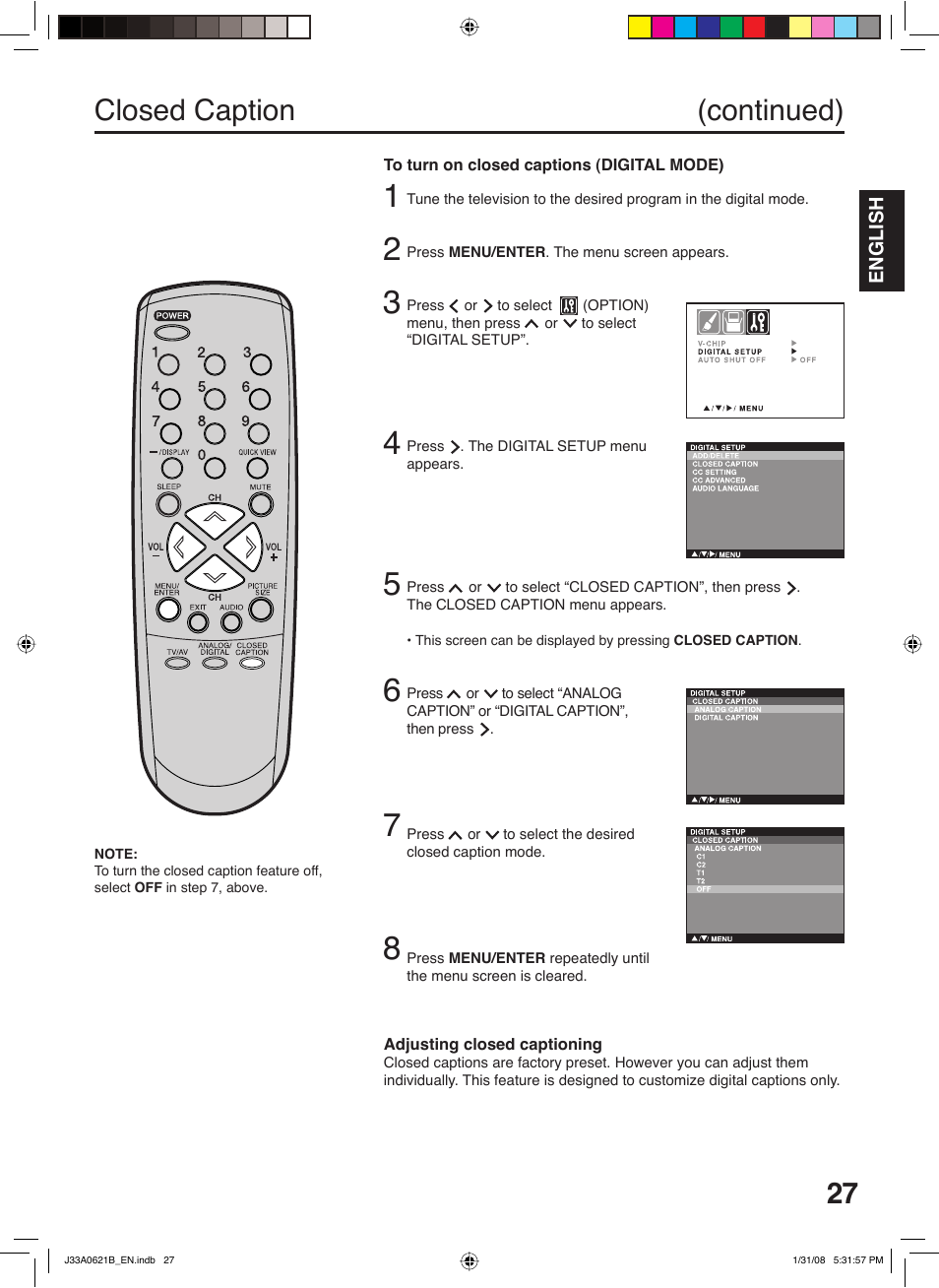 Closed caption (continued) | Zenith C27H26B User Manual | Page 27 / 34