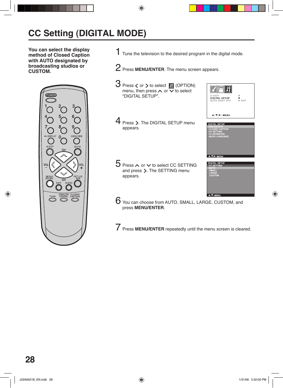 Cc setting (digital mode) | Zenith C27H26B User Manual | Page 28 / 34