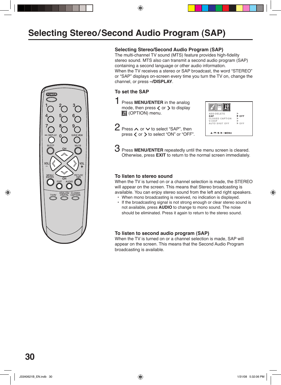 Selecting stereo / second audio program (sap) | Zenith C27H26B User Manual | Page 30 / 34