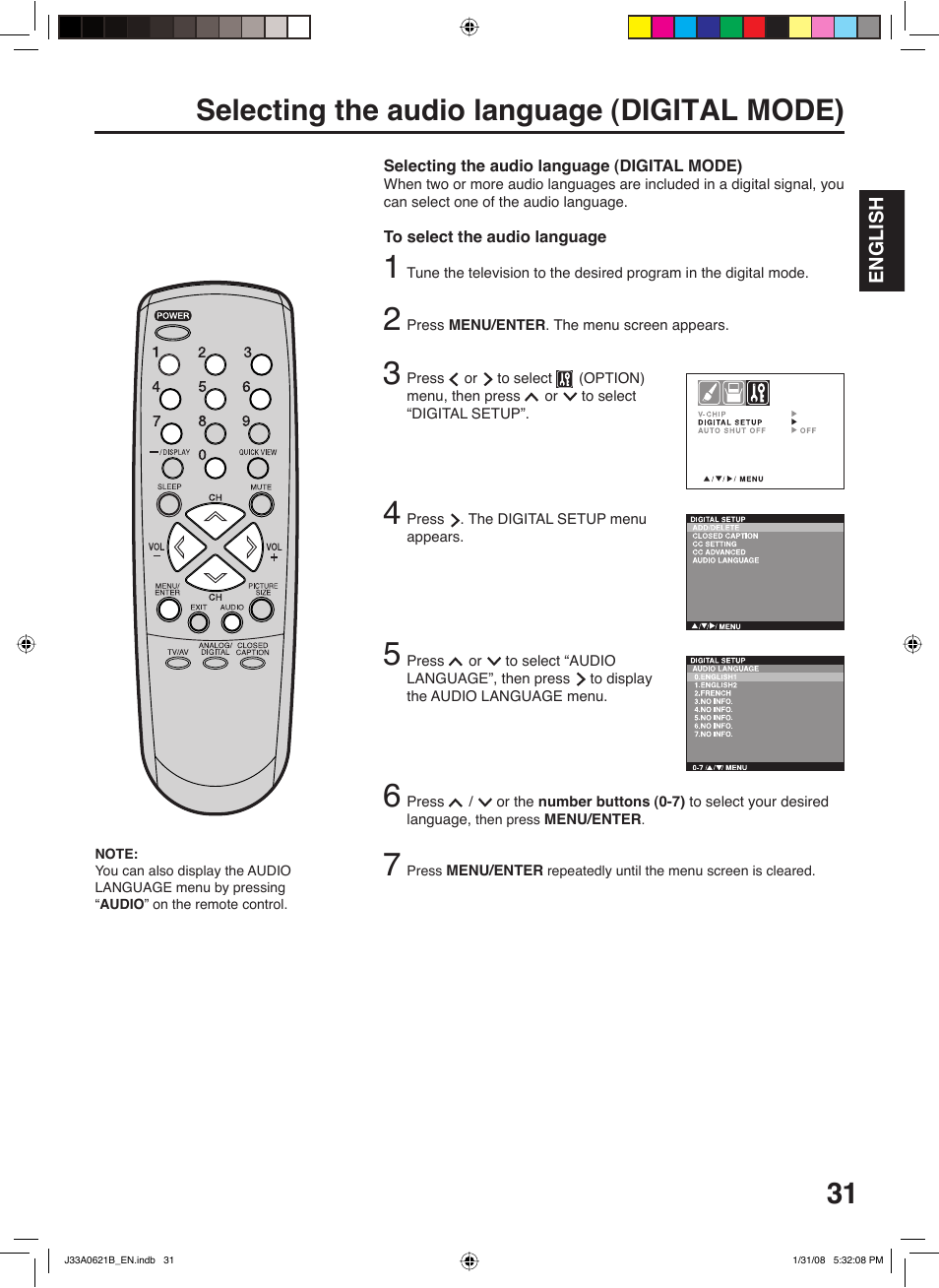 Selecting the audio language (digital mode) | Zenith C27H26B User Manual | Page 31 / 34