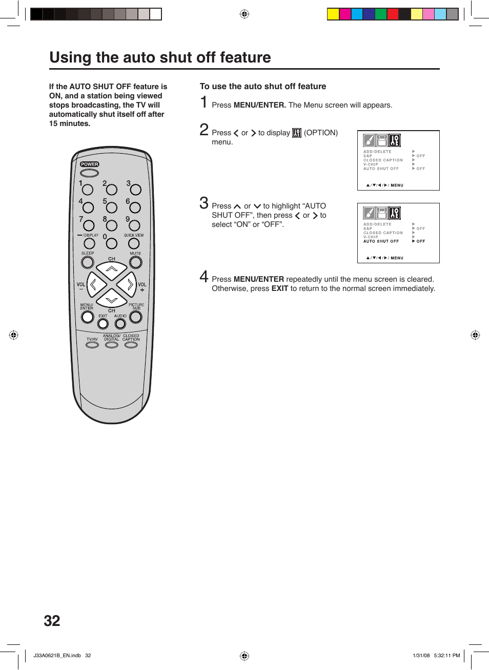 Using the auto shut off feature | Zenith C27H26B User Manual | Page 32 / 34