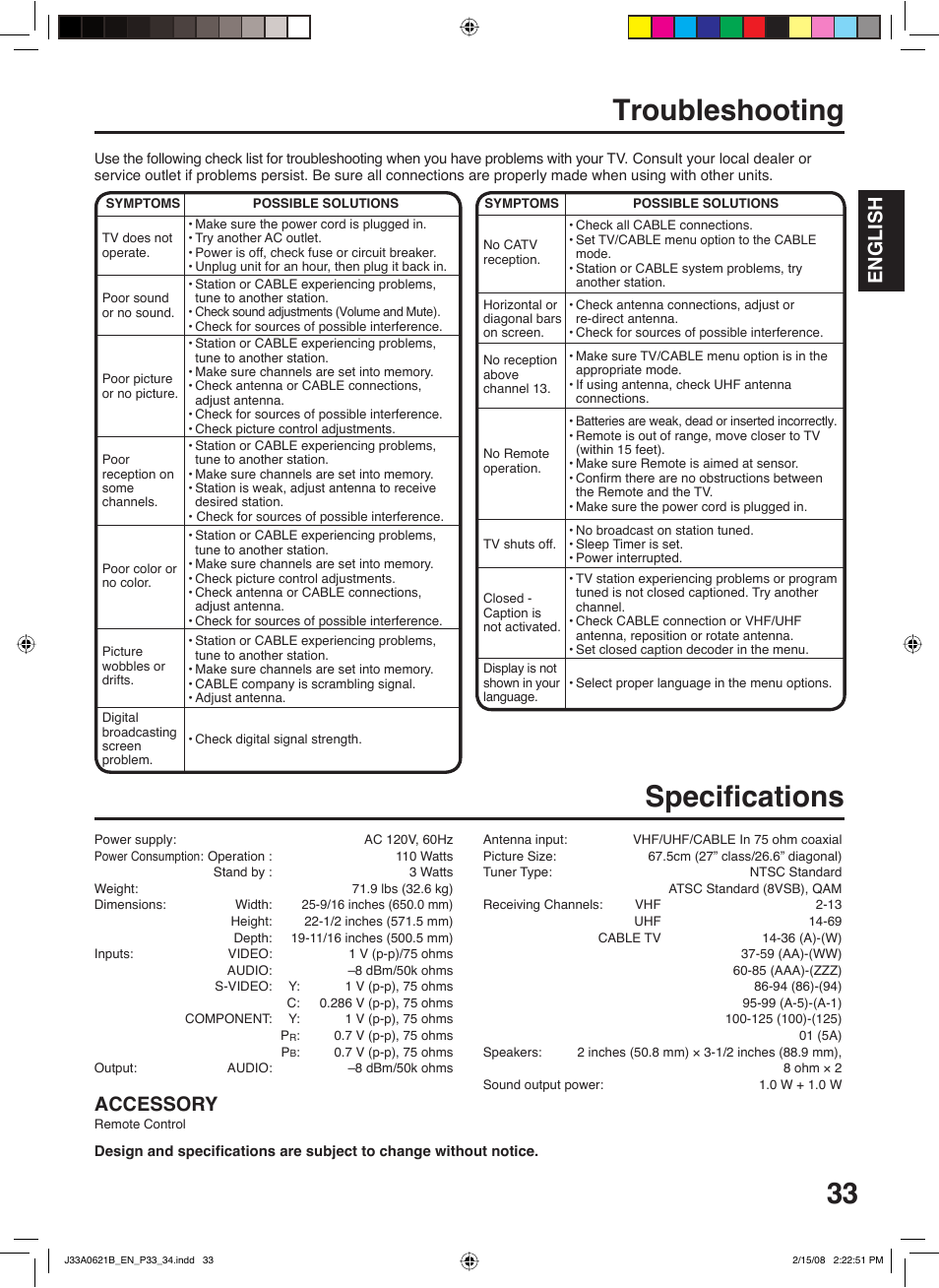 Troubleshooting, Specifi cations, English | Accessory | Zenith C27H26B User Manual | Page 33 / 34