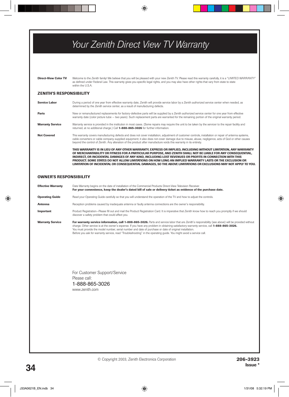 Your zenith direct view tv warranty, For customer support/service please call, Issue | Zenith C27H26B User Manual | Page 34 / 34
