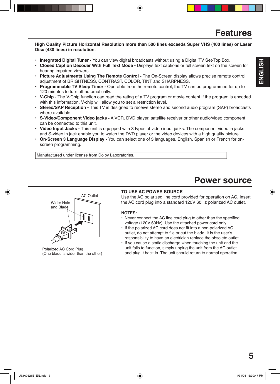 Features, Power source, English | Zenith C27H26B User Manual | Page 5 / 34