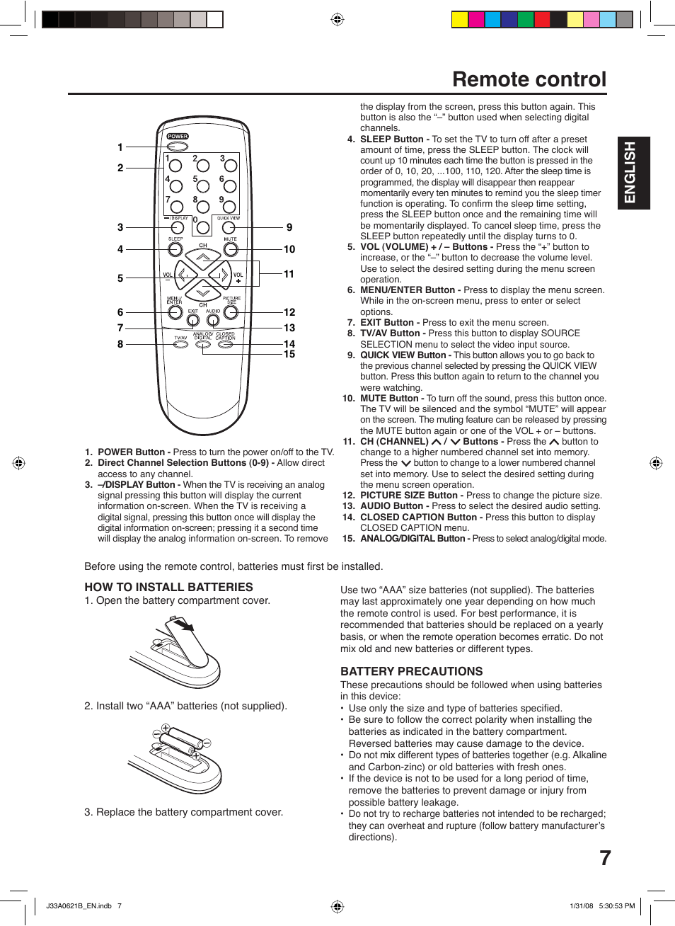 Remote control, English | Zenith C27H26B User Manual | Page 7 / 34