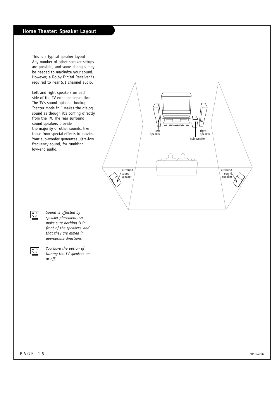 Home theater: speaker layout | Zenith M52W56LCD User Manual | Page 16 / 60