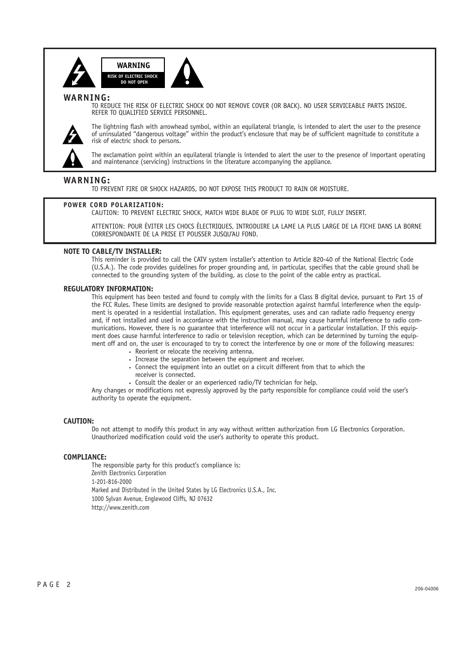 Warning | Zenith M52W56LCD User Manual | Page 2 / 60