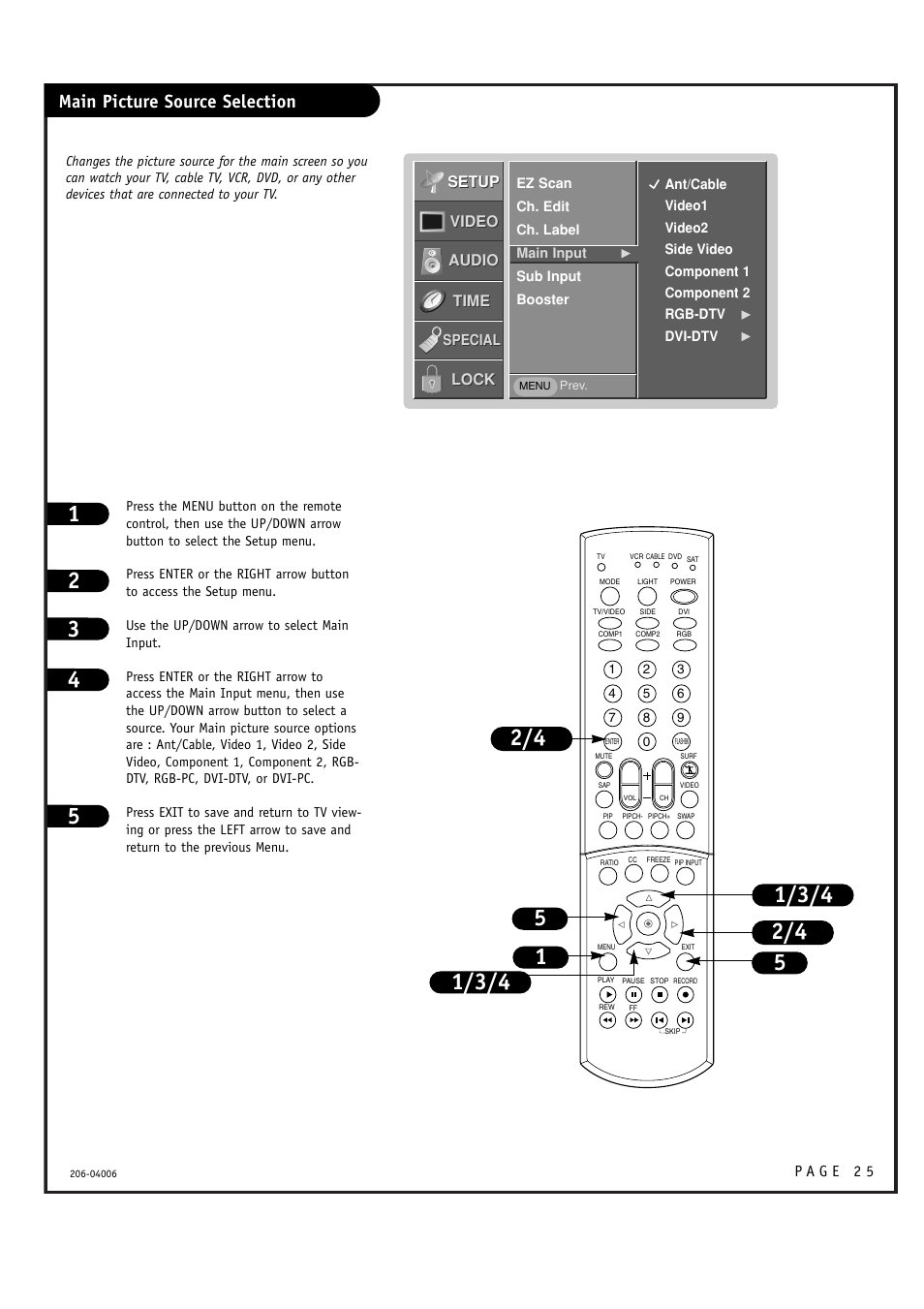 Main picture source selection | Zenith M52W56LCD User Manual | Page 25 / 60