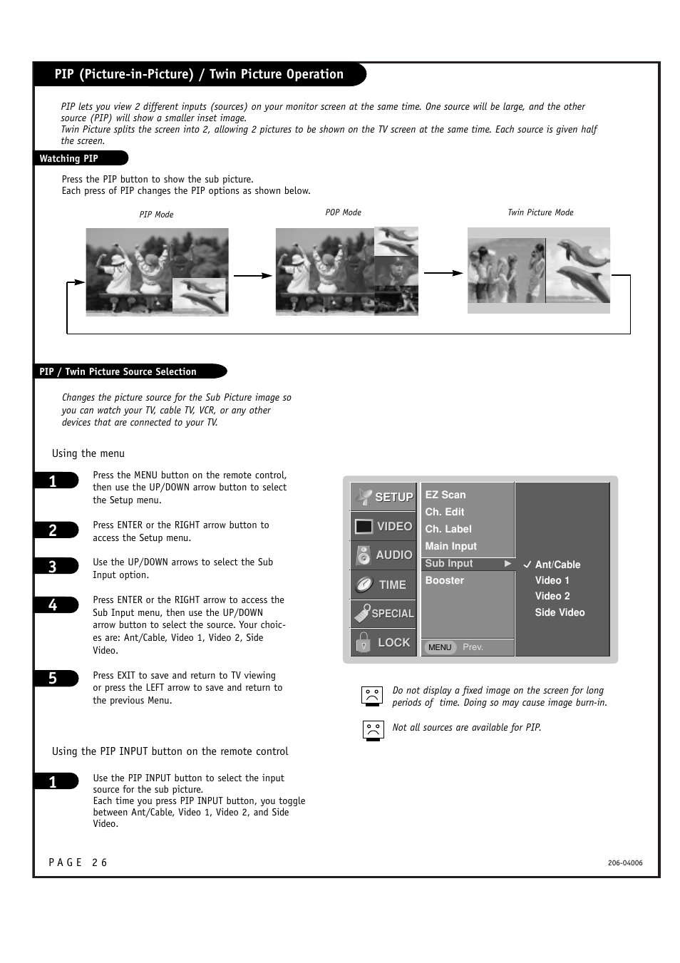 Pip (picture-in-picture) / twin picture operation | Zenith M52W56LCD User Manual | Page 26 / 60